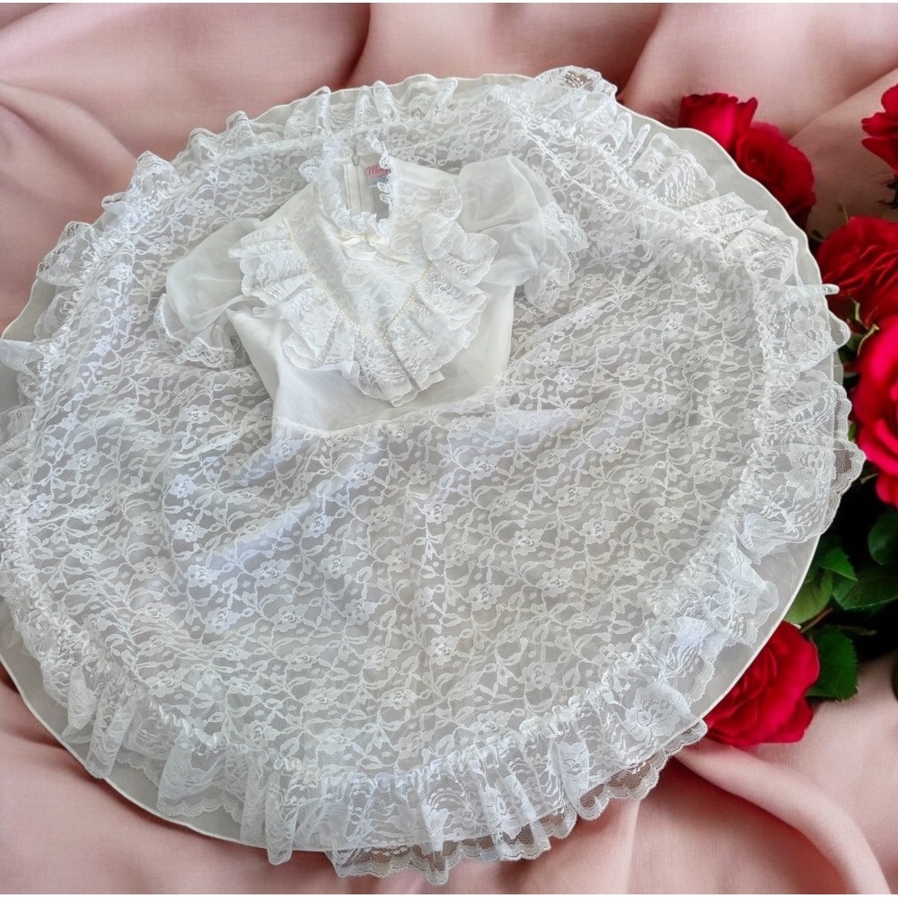 Merry Girl Vtg Party Dress Circle Frilly White Prairie Pageant Lace 70s 6 7 8‎